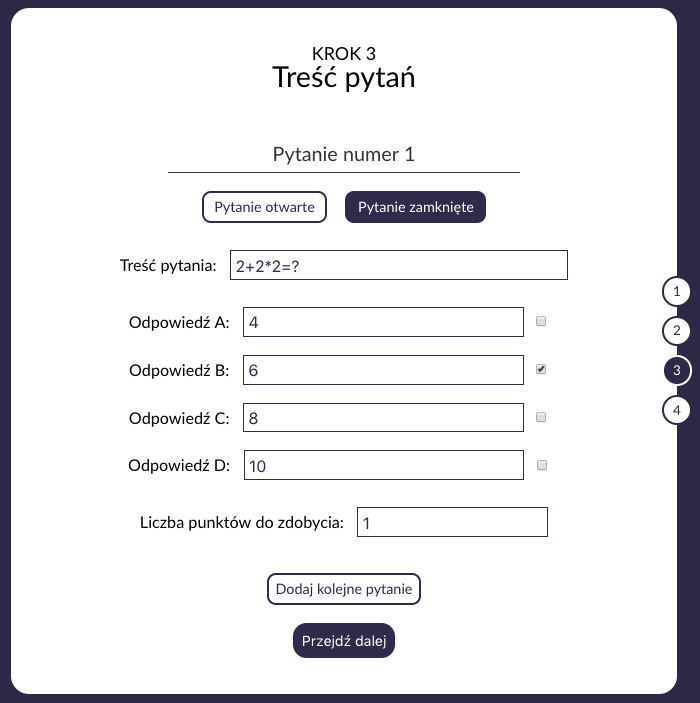 Krok 3 - wpisywanie odpowiedzi i wybieranie poprawnej