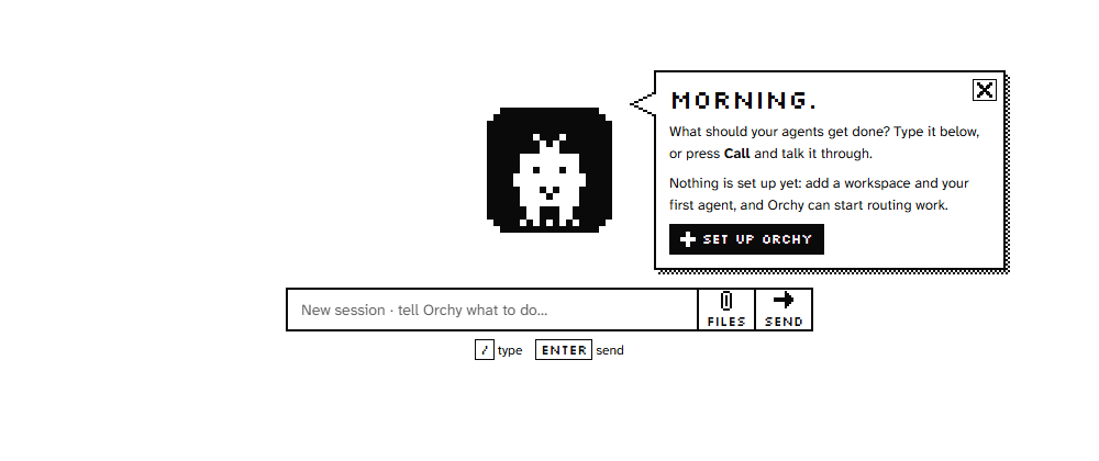 Orchy's home screen on a fresh install: the robot mascot, a Set up Orchy button and the task box
