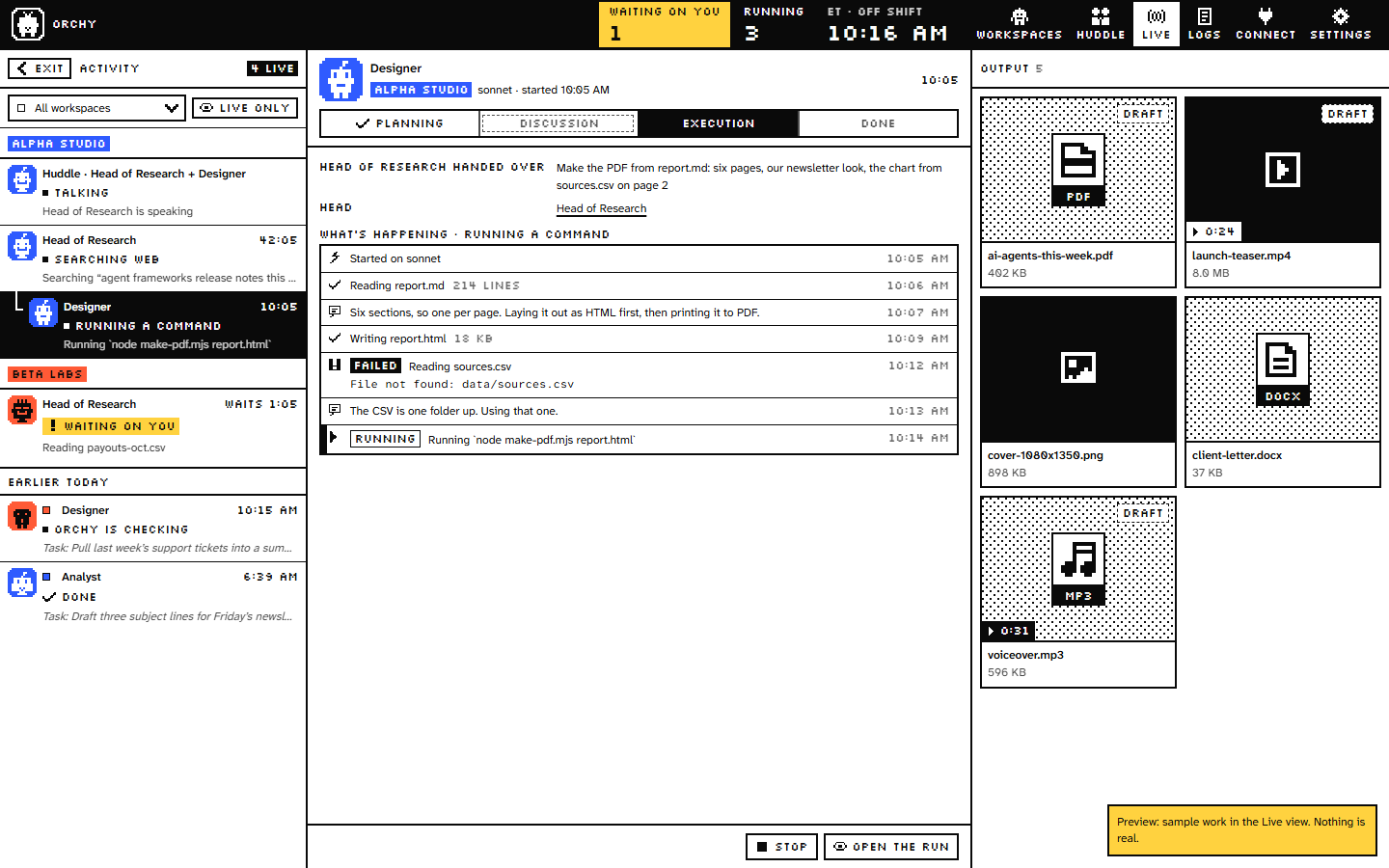 Orchy's Live view: running agents on the left, the selected run's steps in the middle, and the files it made on the right