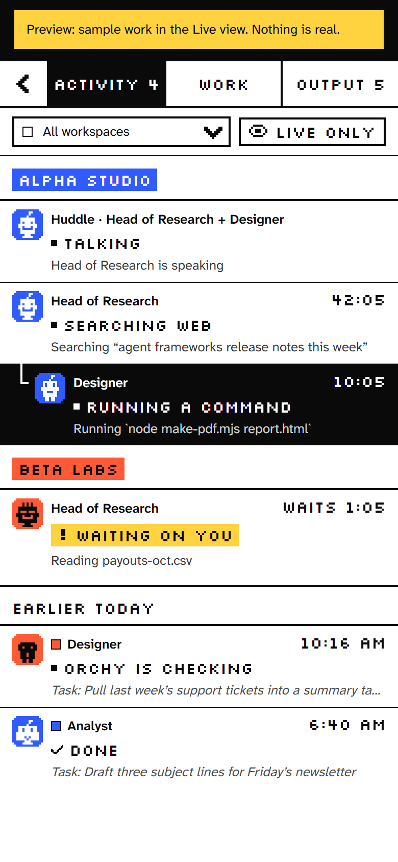 The Live view on a phone, with its columns as tabs