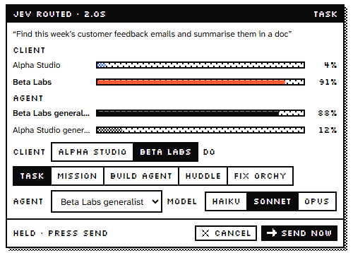 A Jev routing card: the task, how sure Jev is about each workspace and agent, and the model it picked