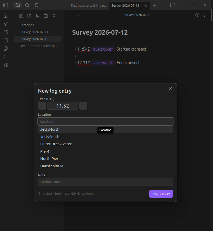The entry modal: time pre-filled, location autocomplete open over a survey note