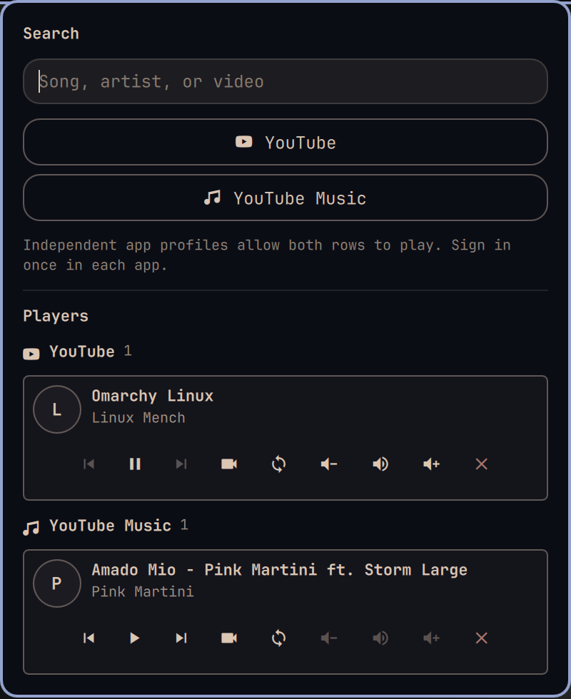 YouTube Control Center widget showing independent YouTube and YouTube Music players