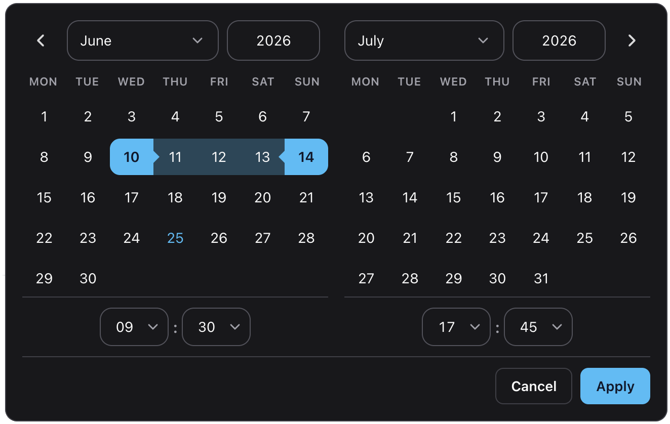 DateFlow range picker — dark theme