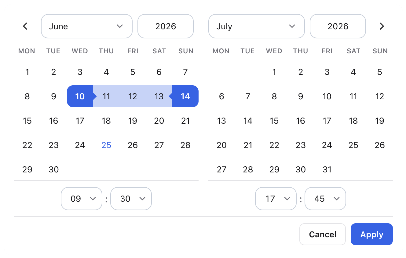 DateFlow range picker — light theme