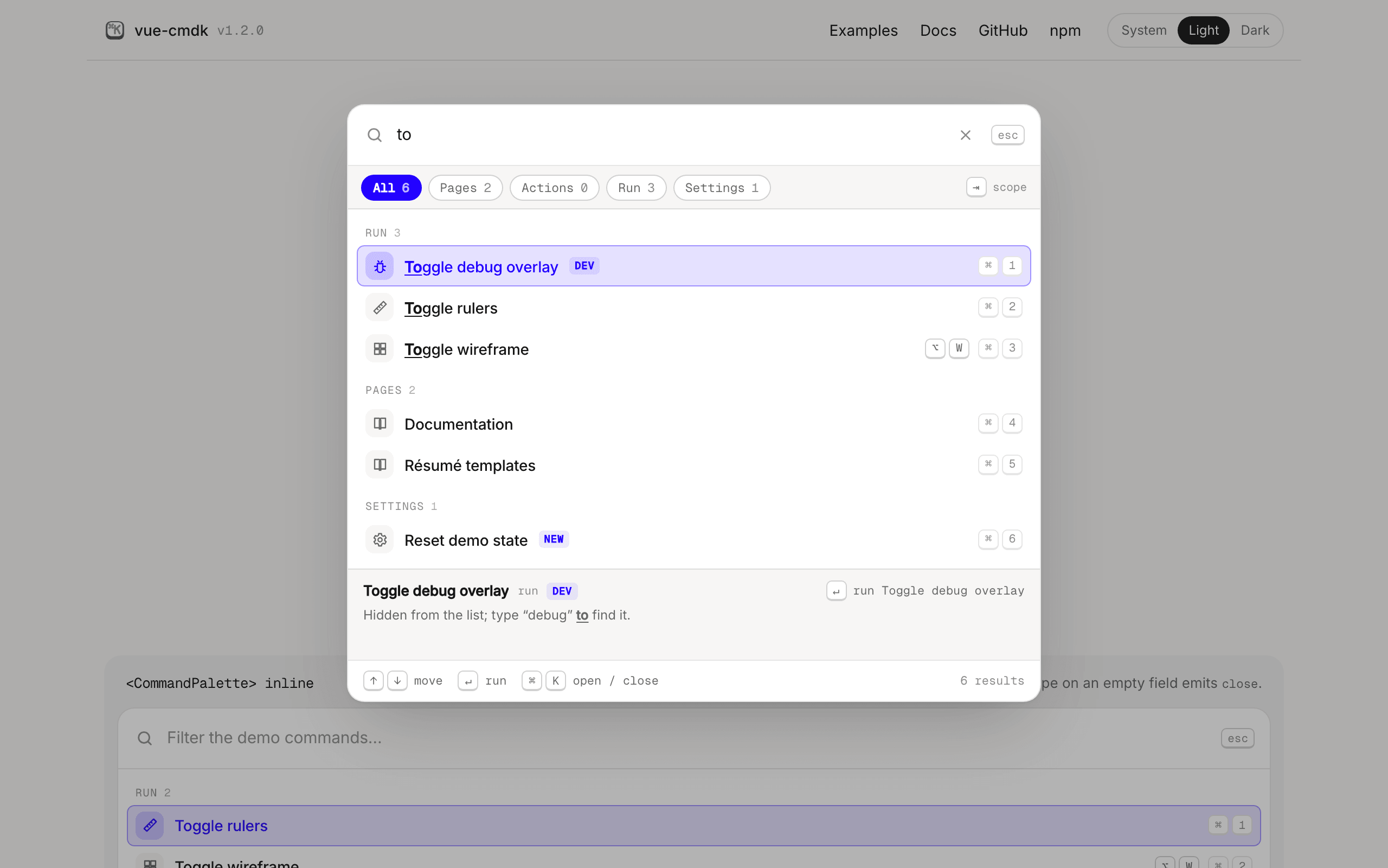 The command palette dialog filtered by "to": scope chips with counts, rows grouped into Run, Pages and Settings with the matches underlined, and a detail panel for the selected row