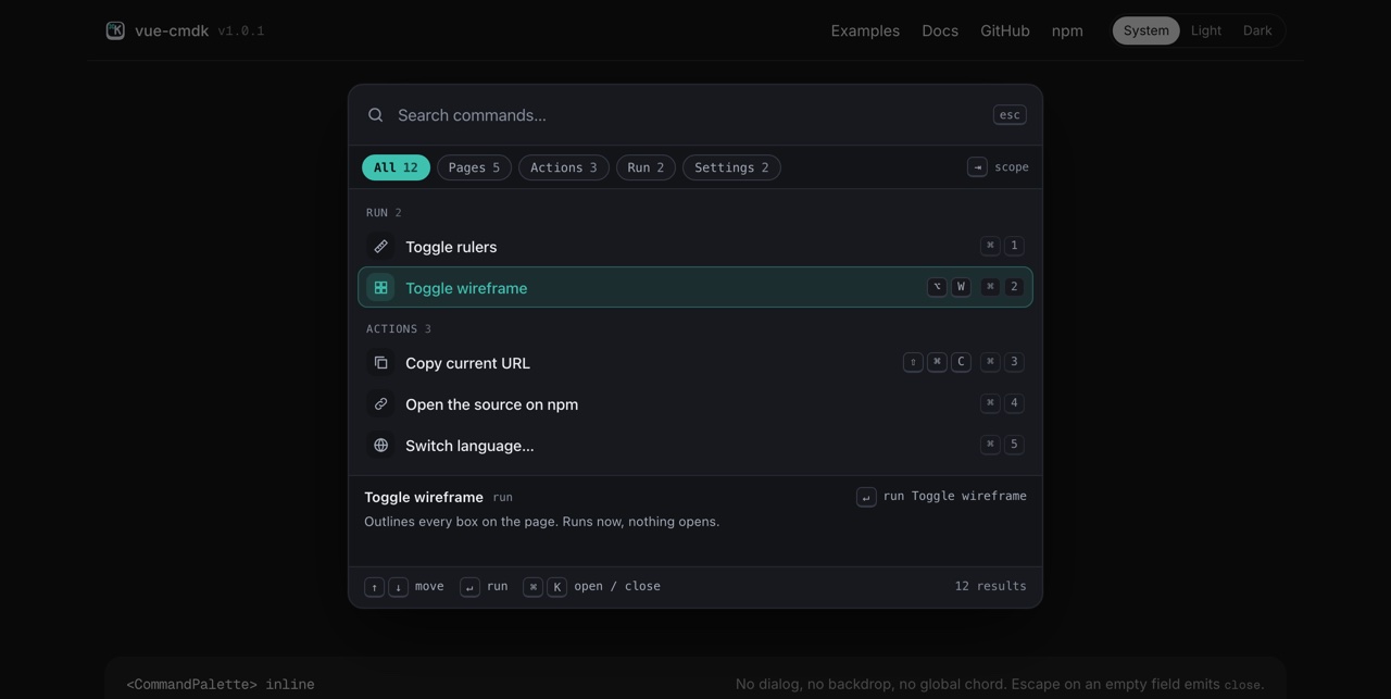 The palette in the dark theme, with scope chips, grouped rows and the detail panel