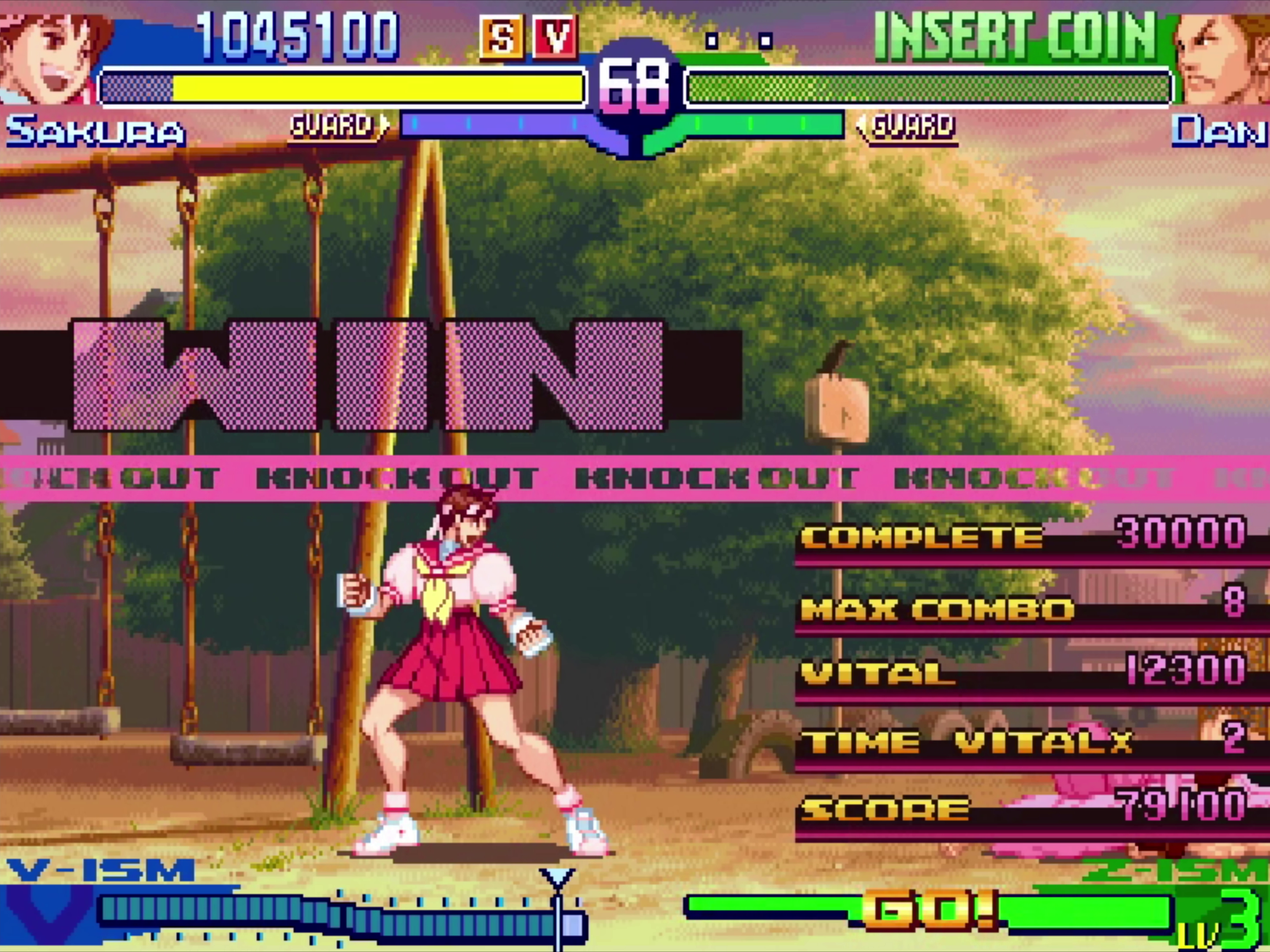 Sakura victory pose with large WIN text and score details