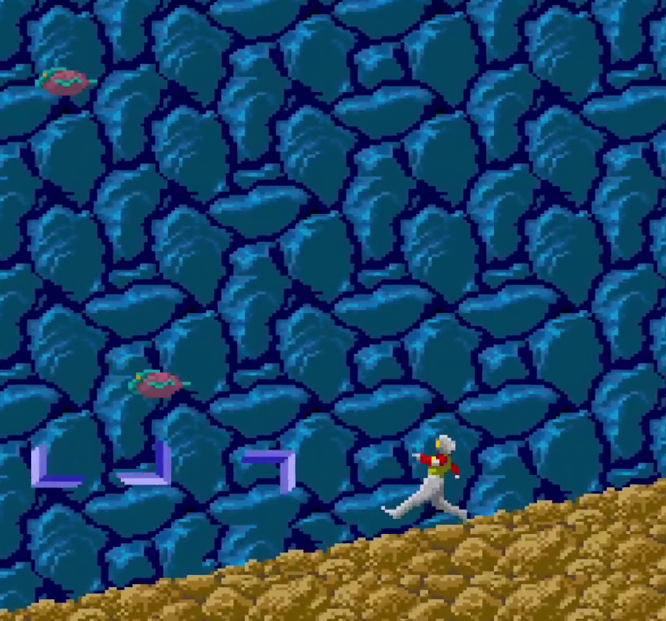 Chelnov throwing a boomerang backward during normal gameplay