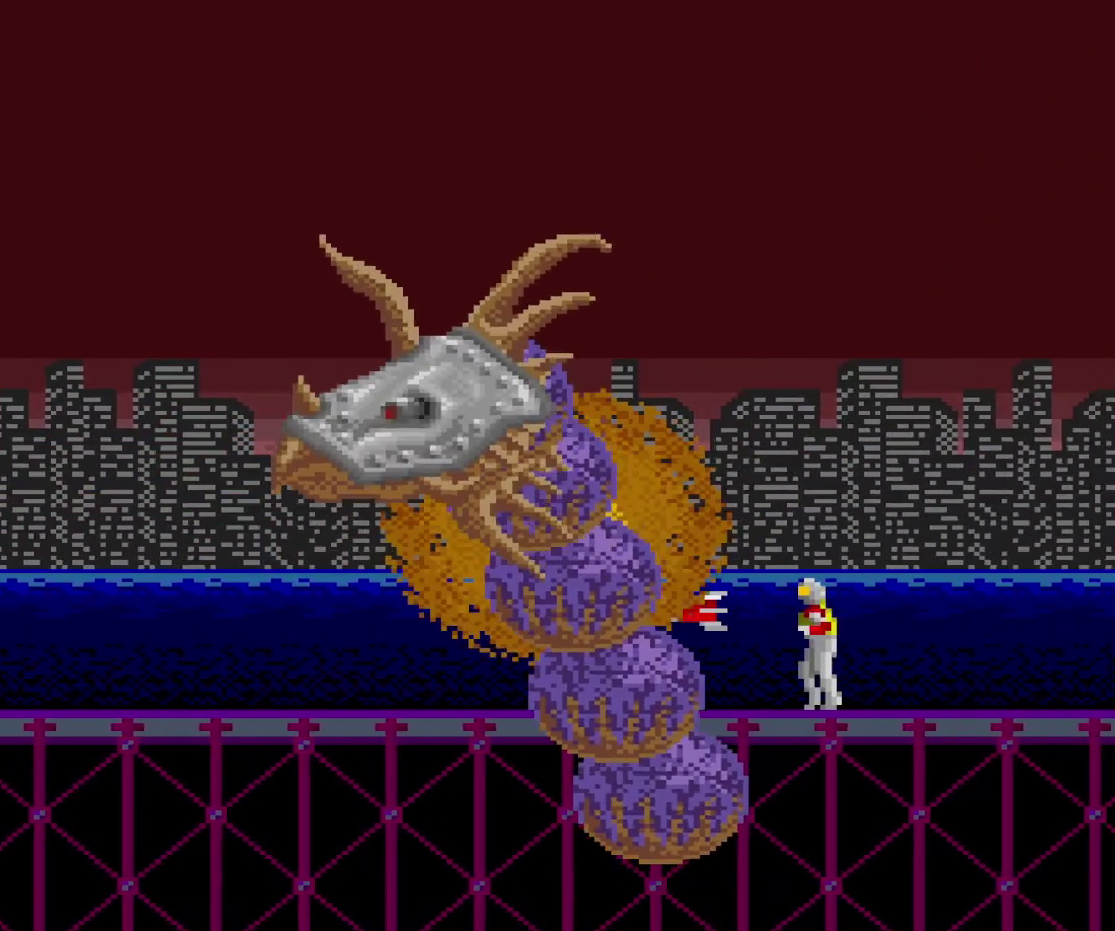 Chelnov fighting a dragon-like boss wearing an iron mask