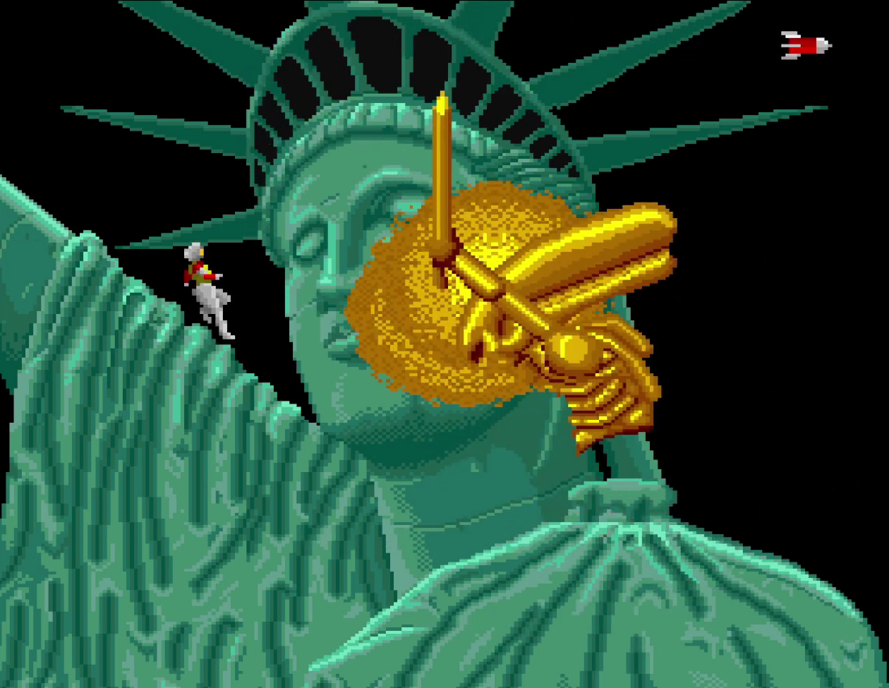 Chelnov fighting an alien-like final boss in front of the Statue of Liberty's face