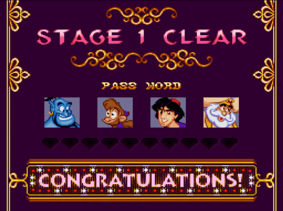 Stage clear password screen with four character faces