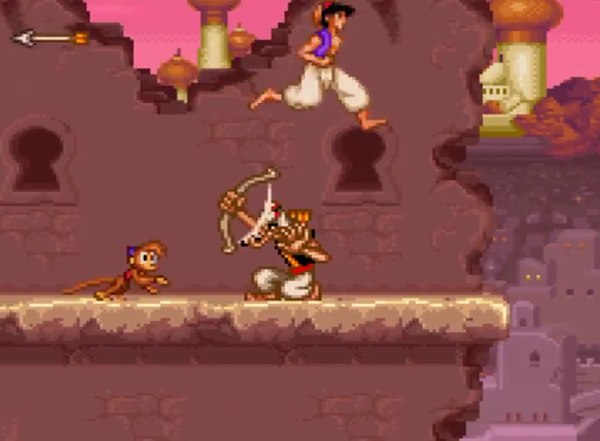 Aladdin jumping over guard with bow, monkey companion nearby