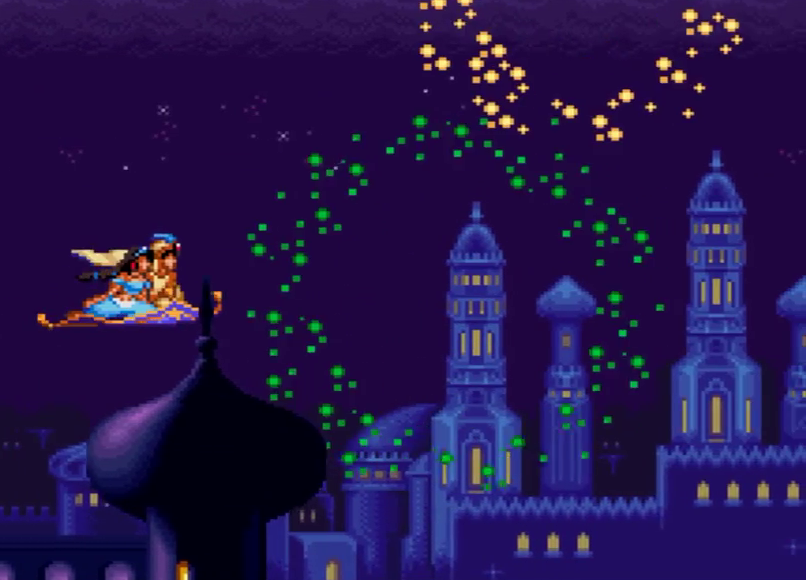 Bonus stage with Aladdin and Jasmine on magic carpet, fireworks in night sky