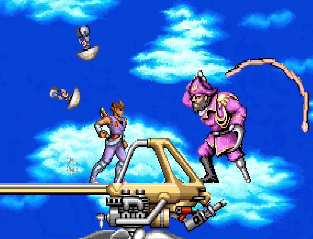 Boss battle on moving platforms against pirate leader with whip