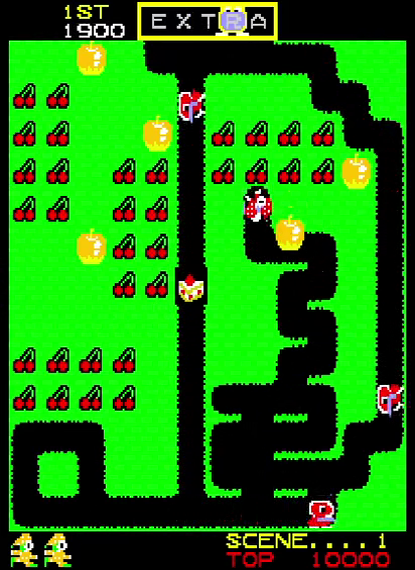 Gameplay screen with cherries and clown digging