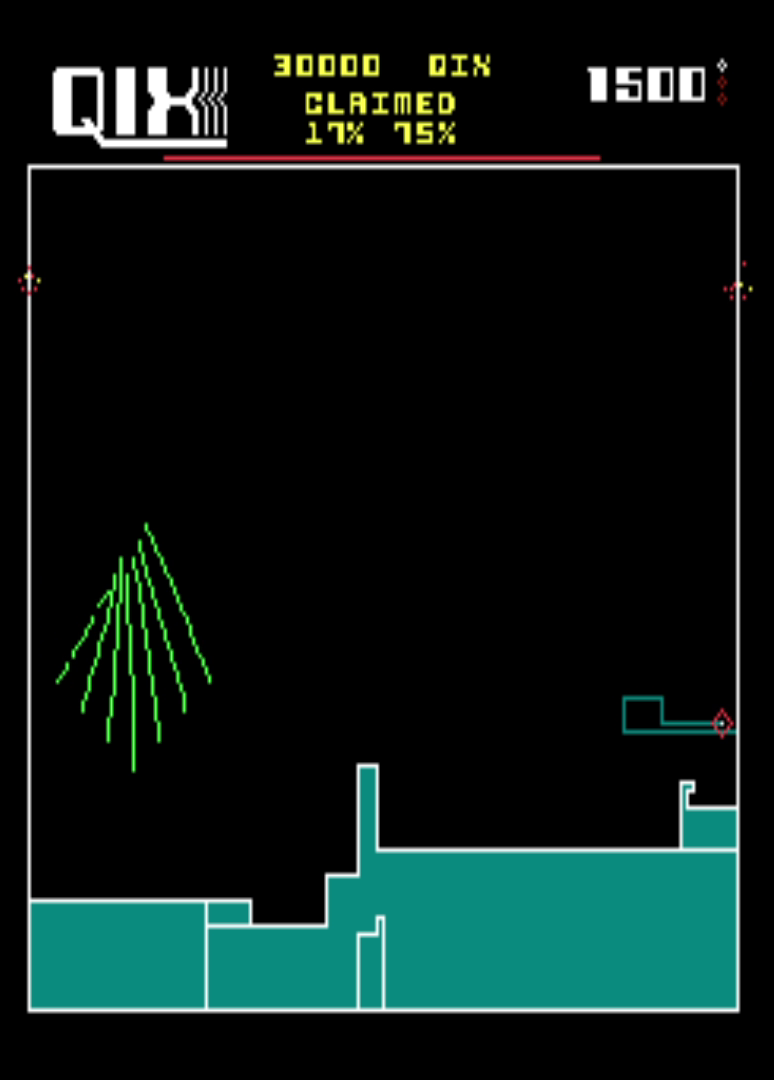 Gameplay screen showing Qix enemy drawn as moving lines