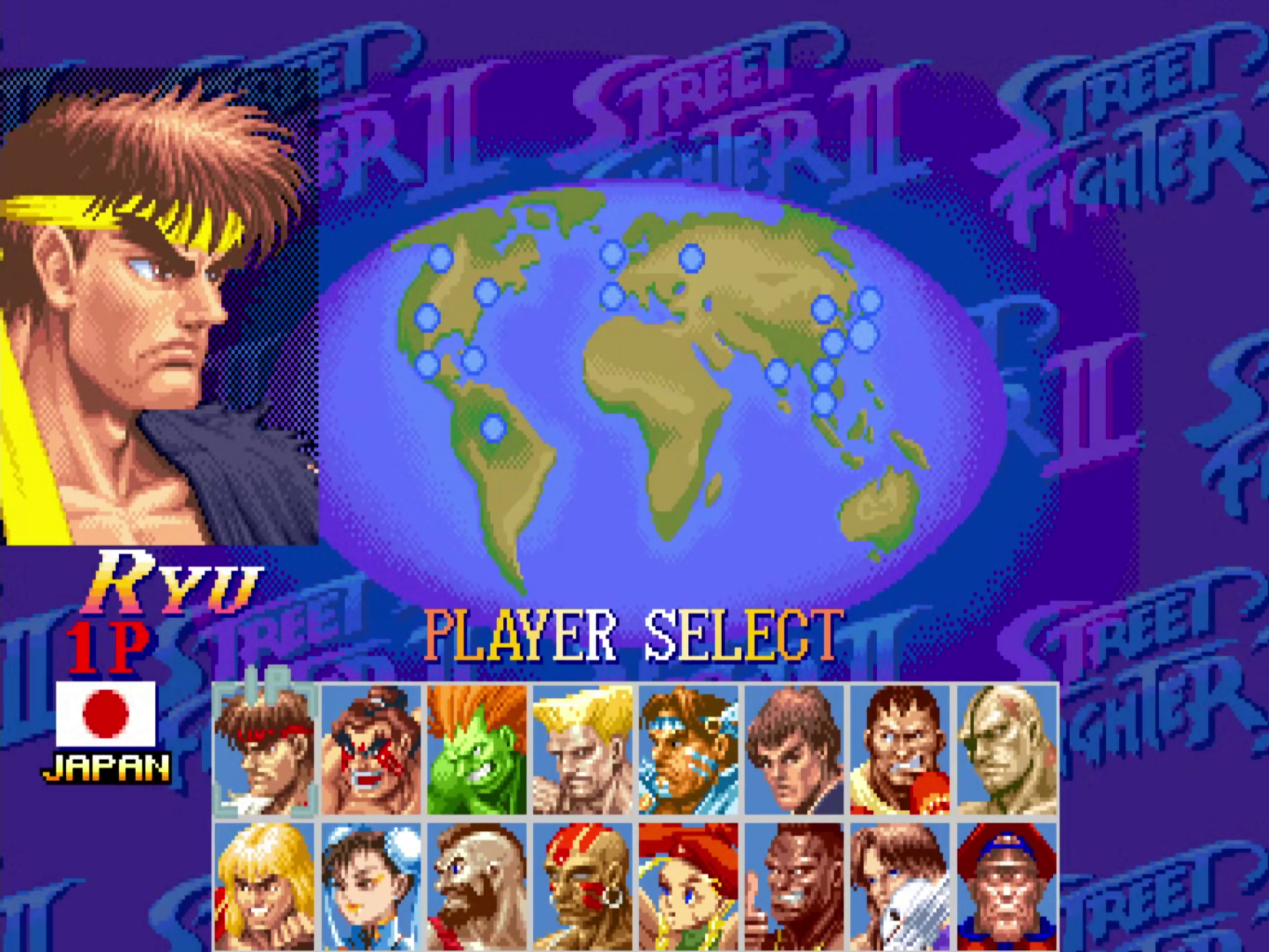 Character select screen with world map and 16 fighters, cursor on Ryu