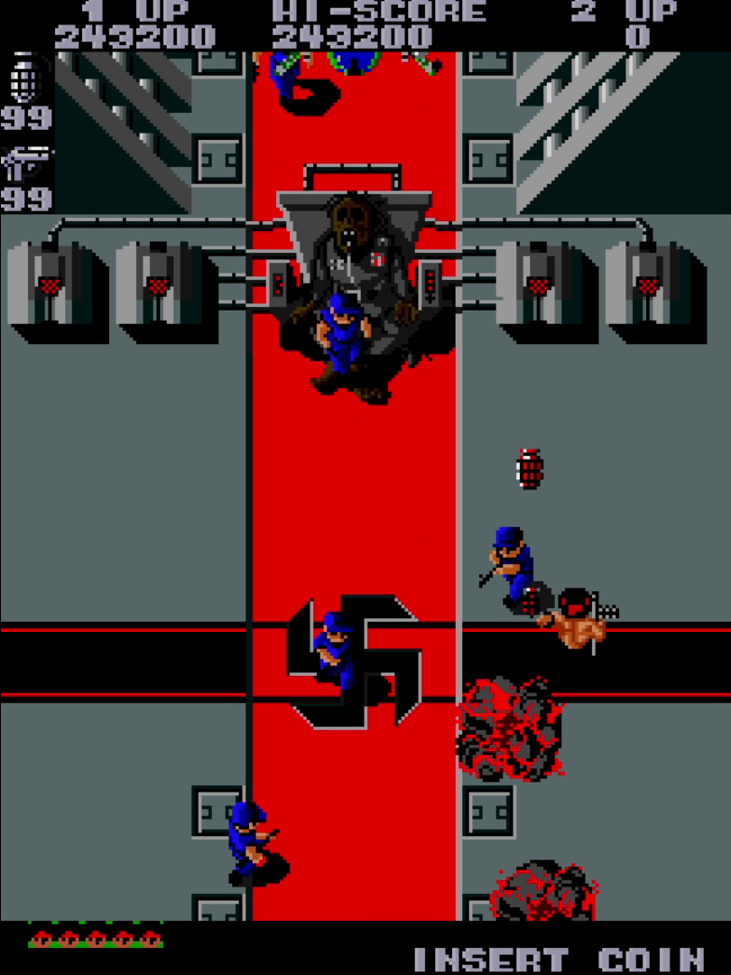 Final boss seated in a chamber with Nazi symbols, resembling a mummified dictator