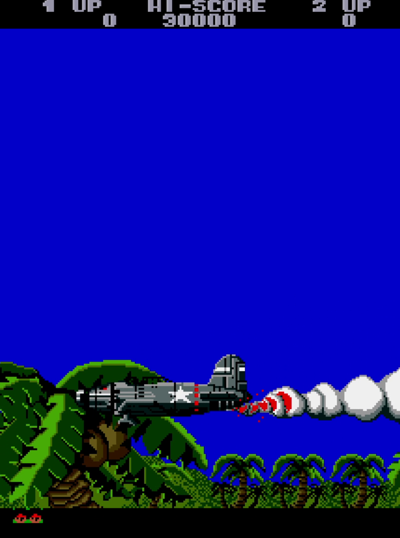 A fighter plane with a white star crash-lands in a jungle, trailing smoke