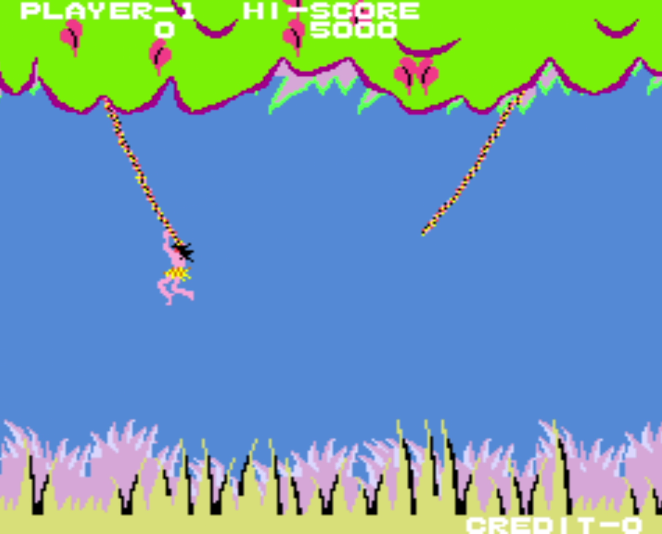 Character hanging from swinging rope in jungle stage