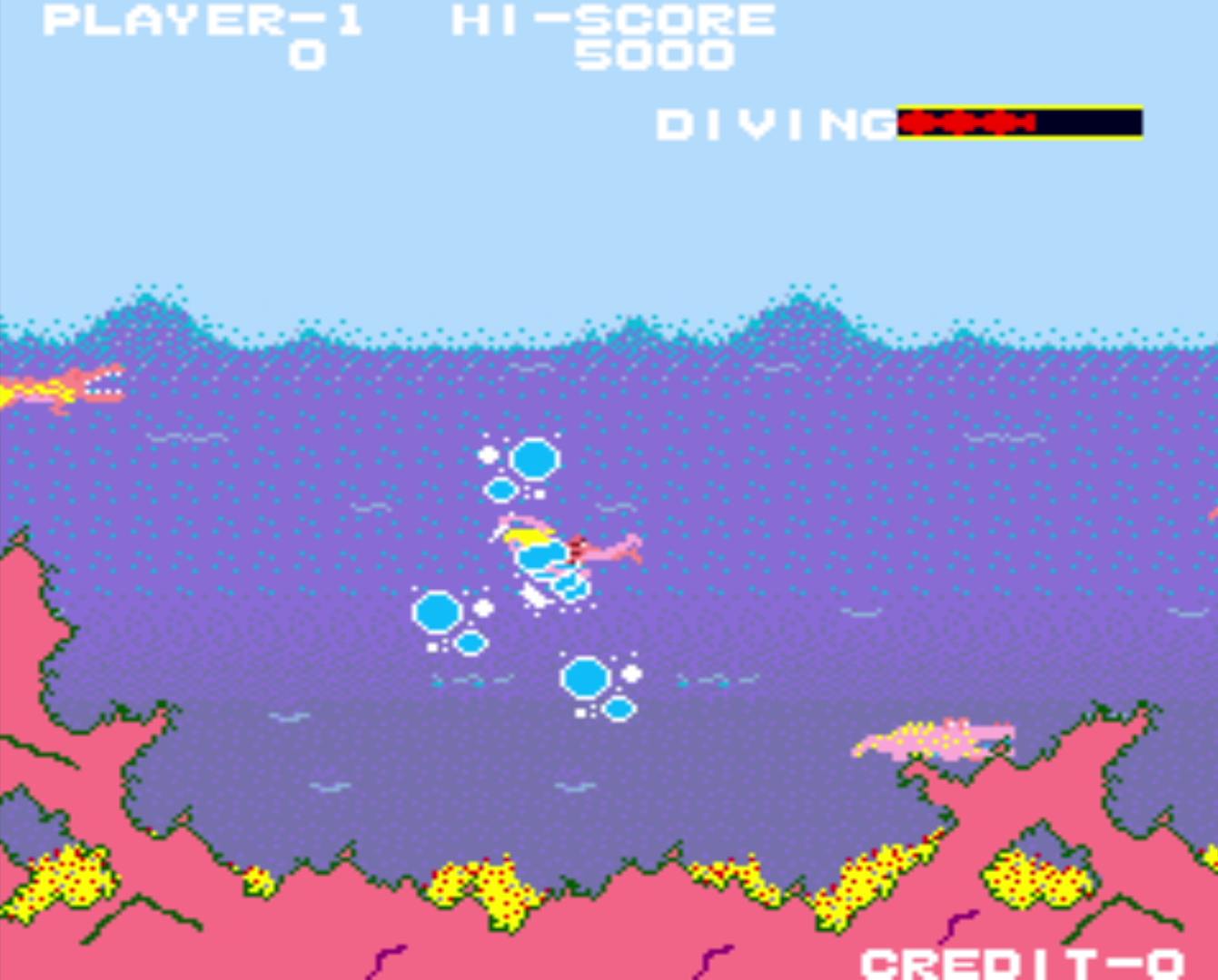 Character swimming underwater with crocodiles nearby