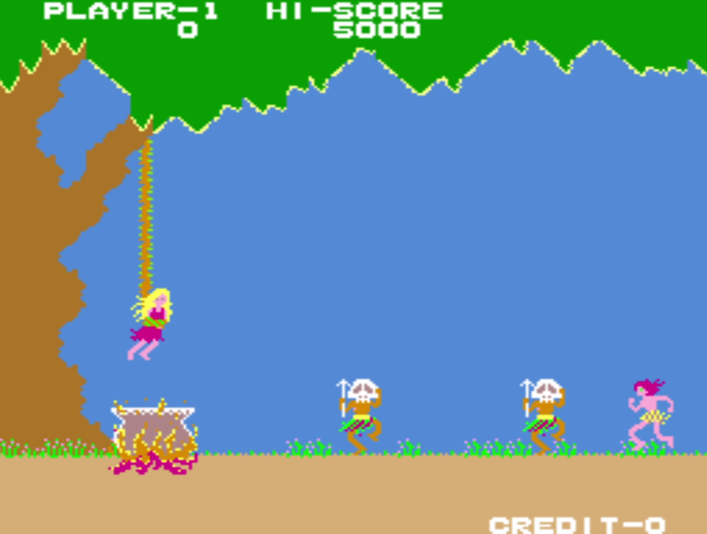 Tribal enemies with spears and captive woman above cauldron