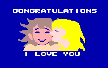 Hero smiling as rescued woman kisses him with congratulations text