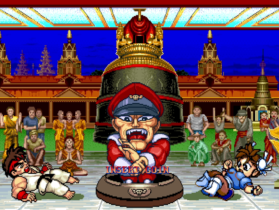 Demo screen showing Bison emerging as Ryu and Chun-Li fall back