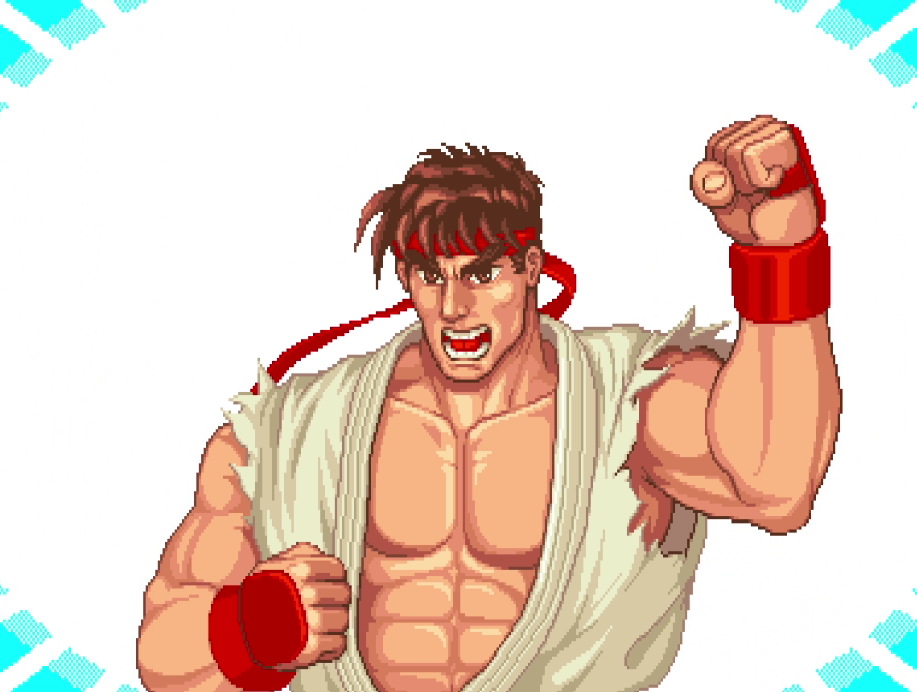 Victory screen showing Ryu raising fist with glowing background