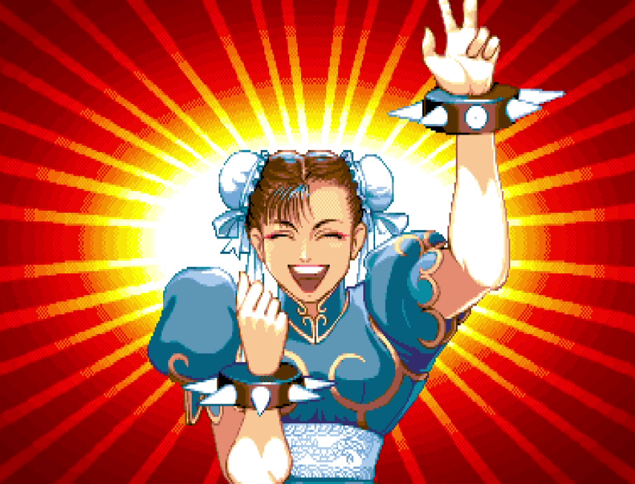 Victory screen showing Chun-Li smiling with raised left hand and small fist gesture