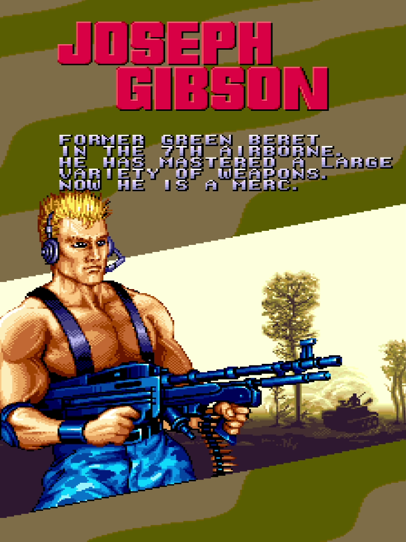 Character intro screen showing Joseph Gibson aiming a blue rifle