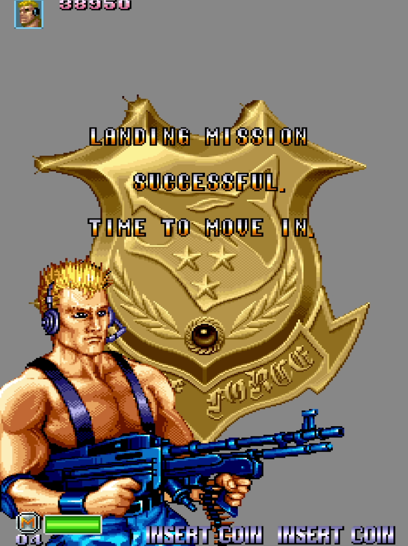 Stage clear screen showing Joseph Gibson aiming rifle