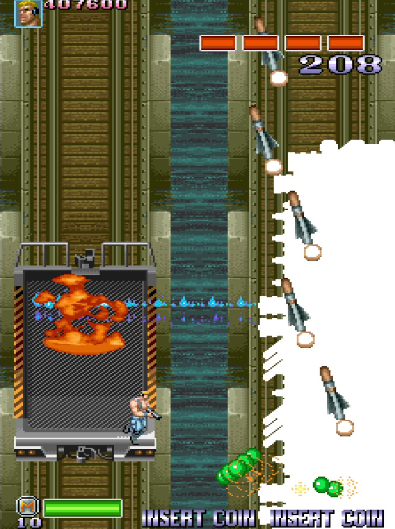 Boss battle against a massive train firing missiles on a rail line