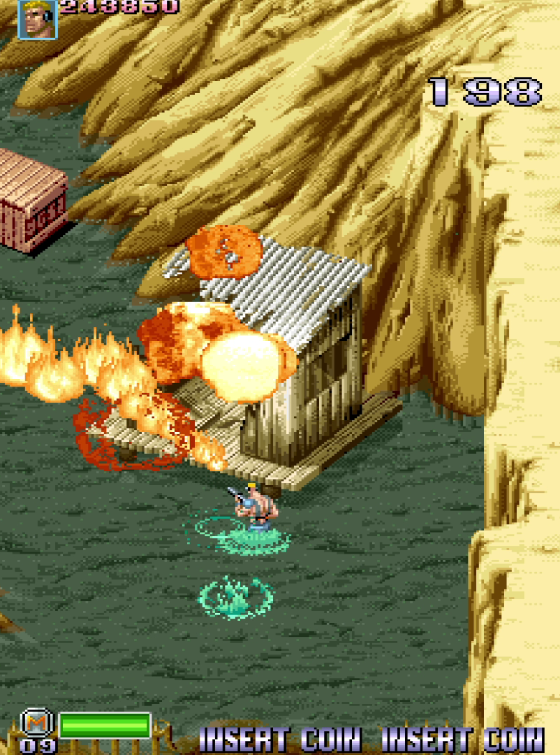 Flamethrower burning buildings from water