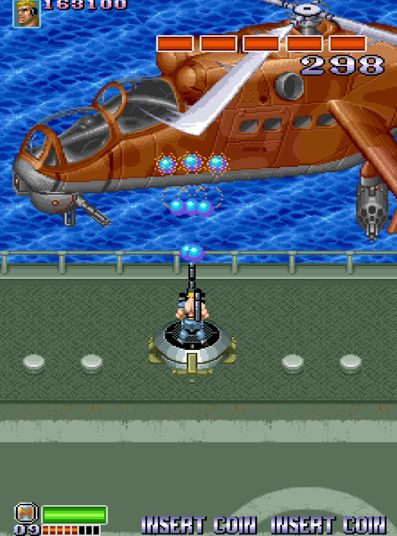 Helicopter boss being attacked by turret