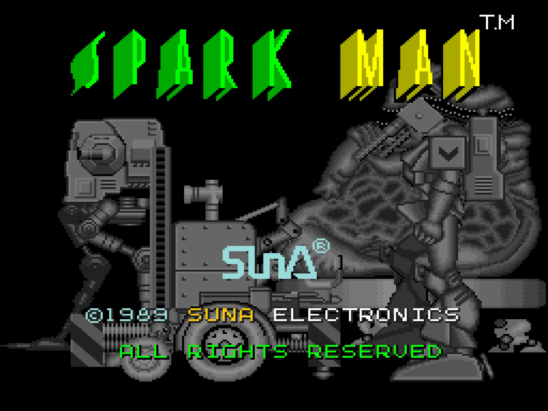 Title screen with SPARK MAN logo and three bosses in grayscale