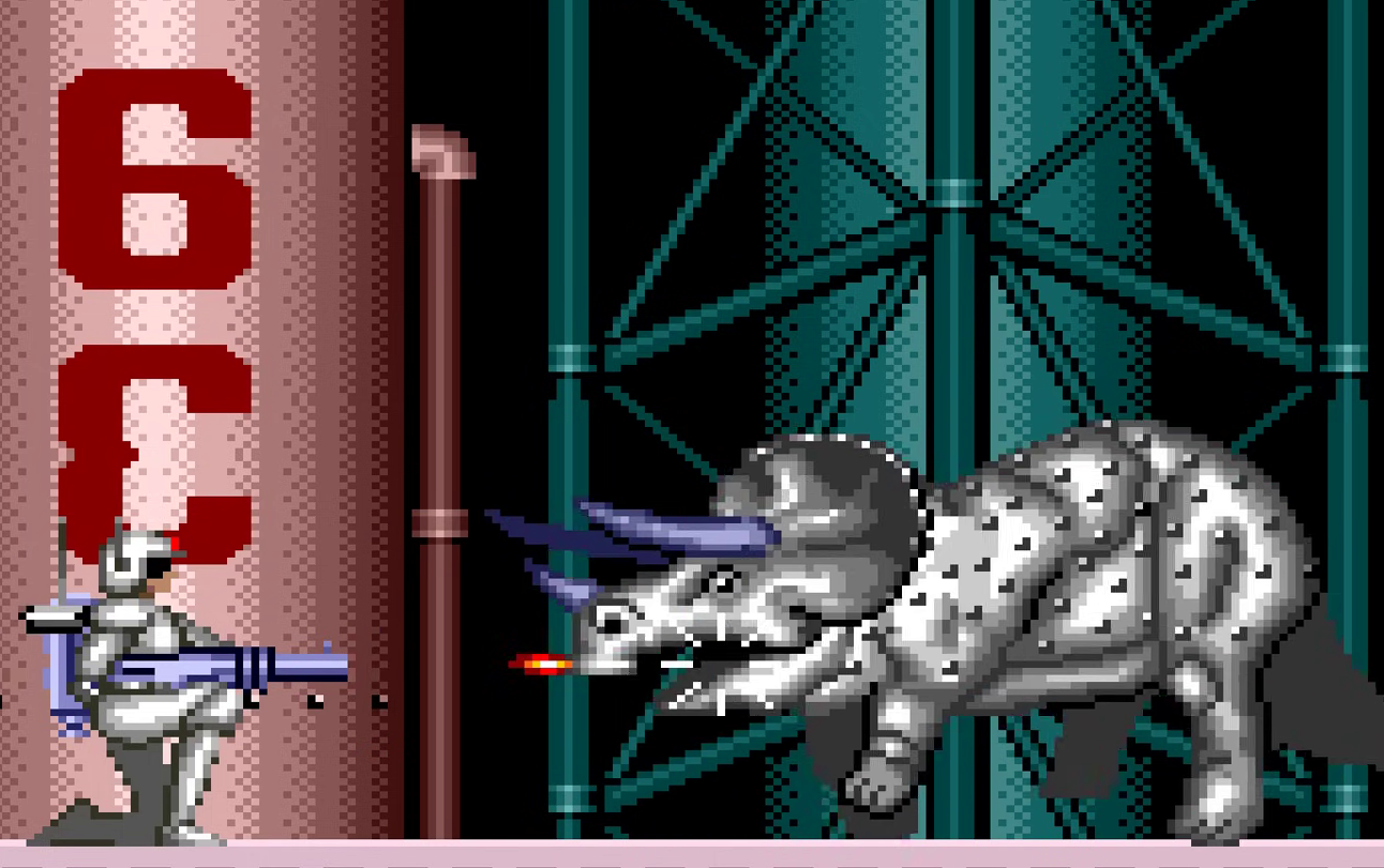 Boss fight against robotic triceratops with enemy inside mouth