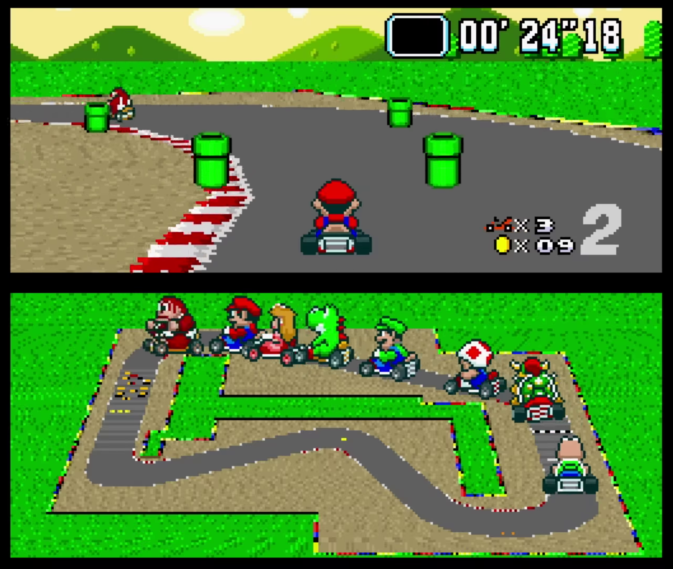 Split-screen race view with track map below