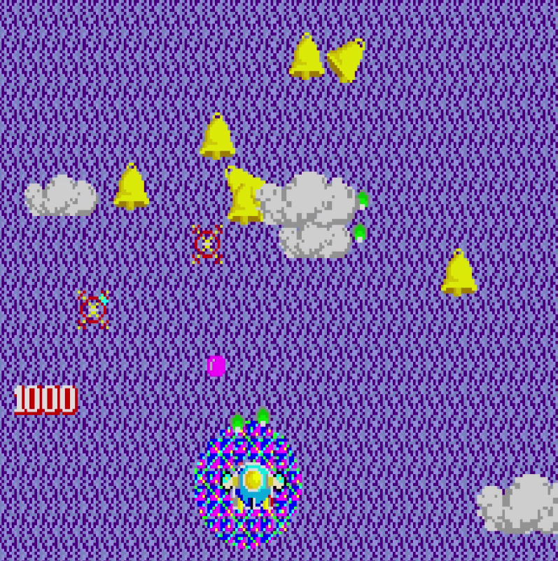 Multiple bells floating mid-air after emerging from clouds in TwinBee arcade