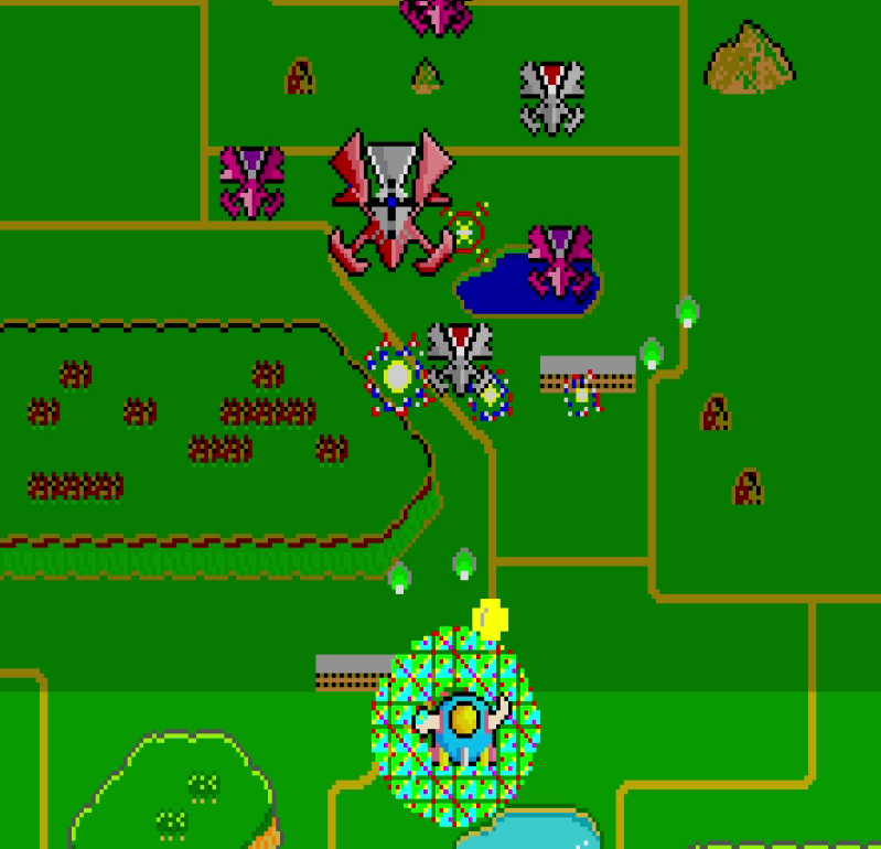 Red boss core surrounded by rotating mini-clones in TwinBee arcade gameplay
