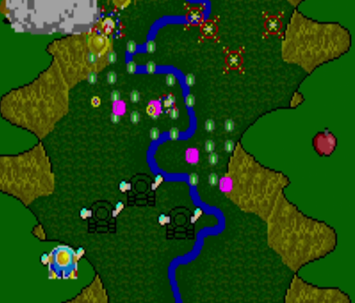 TwinBee with three clones attached, increasing firepower in arcade gameplay