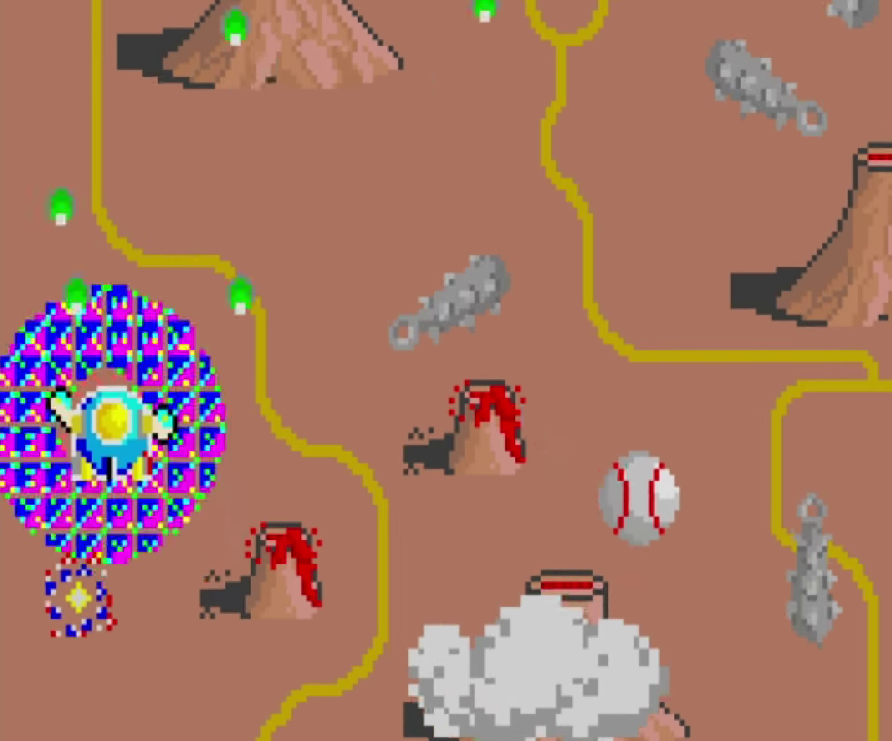 TwinBee with barrier and 3-Way Shot surrounded by spiked clubs and gray ball-shaped enemies in arcade gameplay