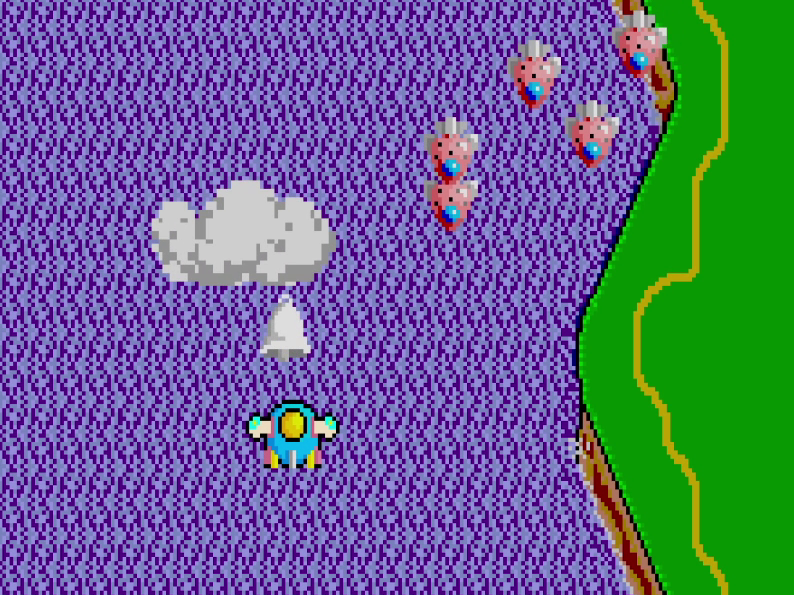 Silver bell floating in front of player with pink enemies approaching from top right in TwinBee arcade
