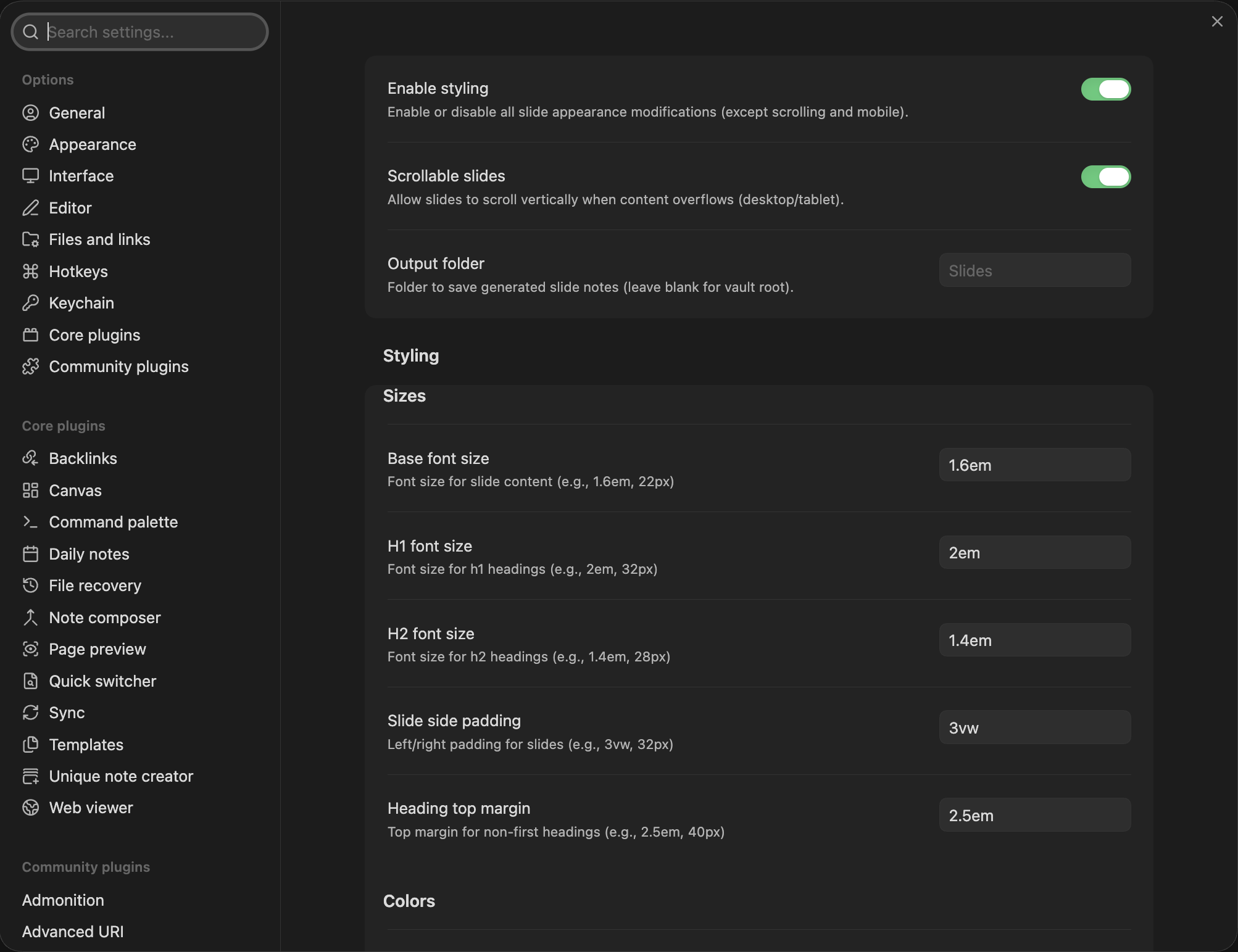 Snap Slides quick settings in Obsidian
