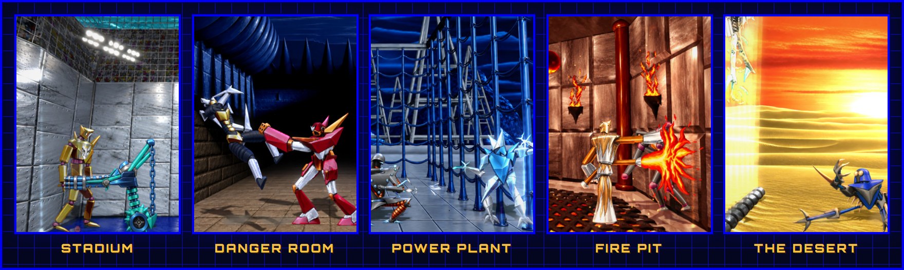 The five arenas: the Stadium, the Danger Room, the Power Plant, the Fire Pit and the Desert