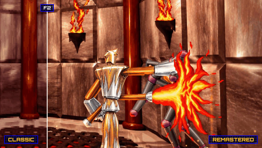 The same frame in the classic and the remastered look, a divider sweeping between them