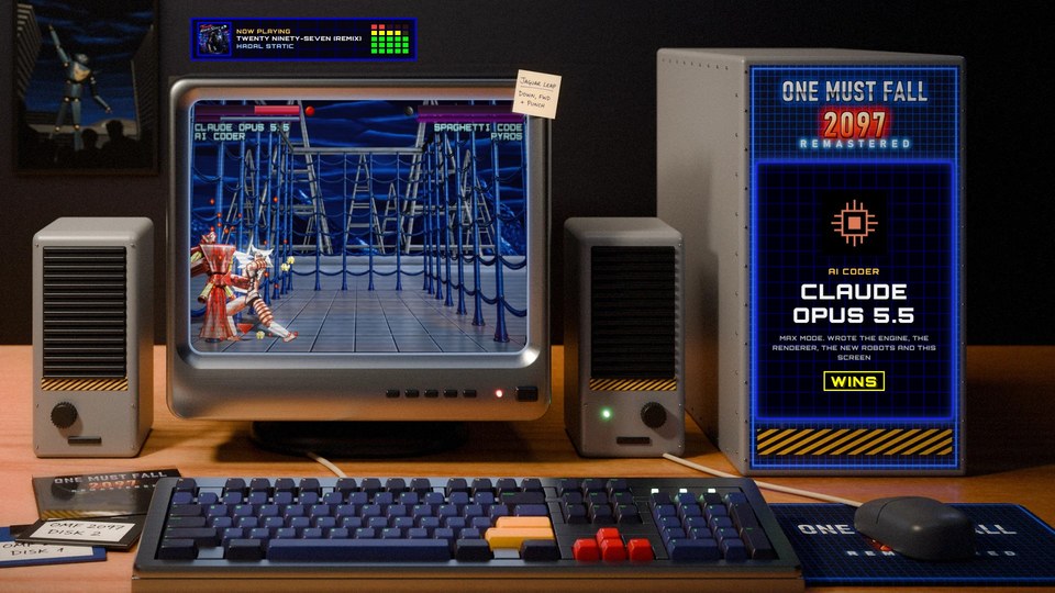 A credit wins its fight on the old PC's monitor: Claude Opus 5.5's card on the tower, stamped WINS
