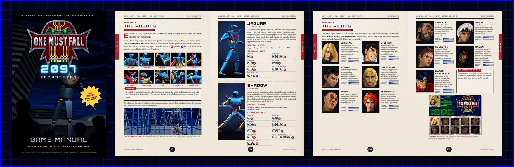 The game manual: its cover, the robots' pages and the pilots' pages
