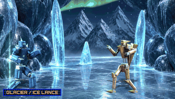 The new robots' special moves: GLACIER's Ice Lance, TEMPEST's Gale Blast, HELIX's Drill Rush and SPECTRE's Photon Beam